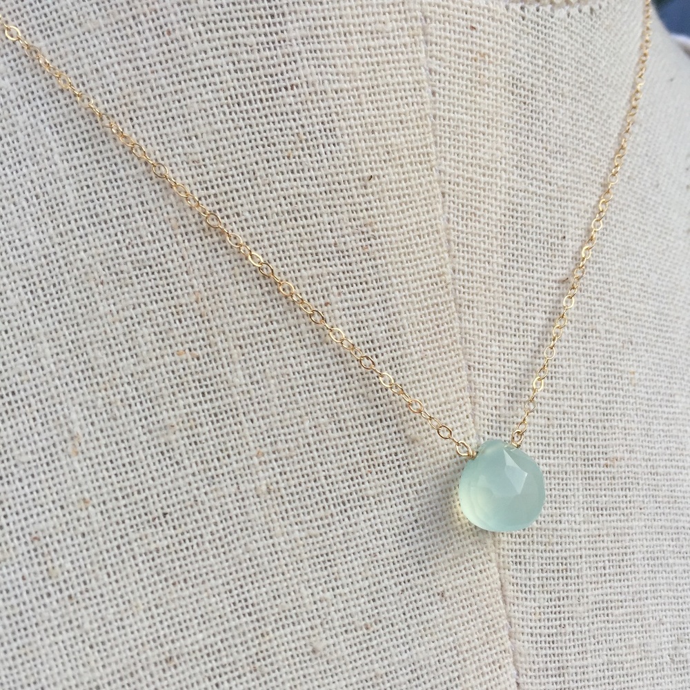 14K Gold/ Ster. Aqua Chalcedony Droplet Necklace